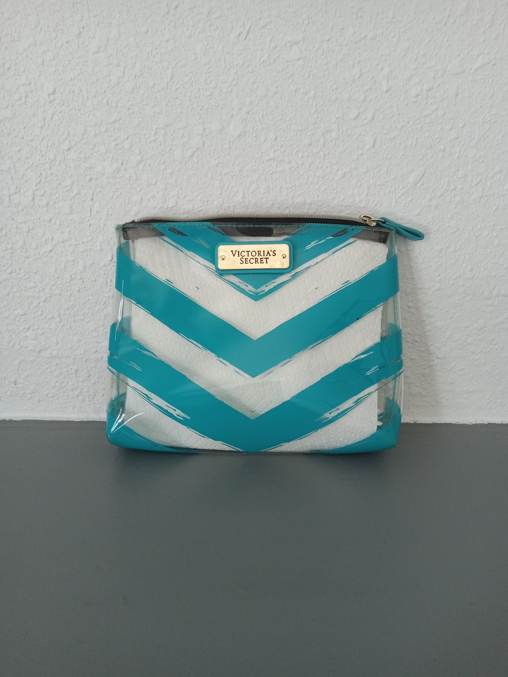 Victoria's Secret Teal Chevron Clear Cosmetic Pouch